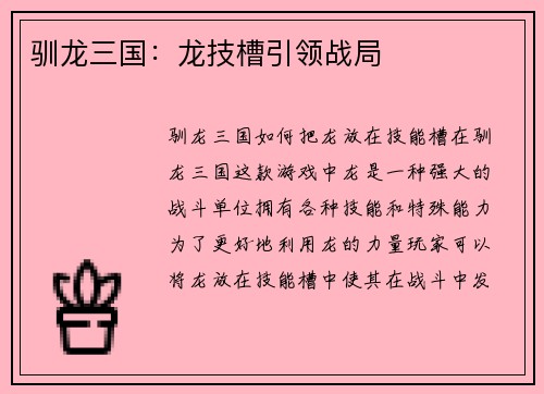 驯龙三国：龙技槽引领战局