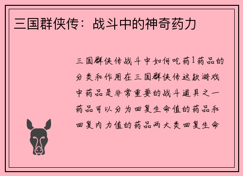 三国群侠传：战斗中的神奇药力