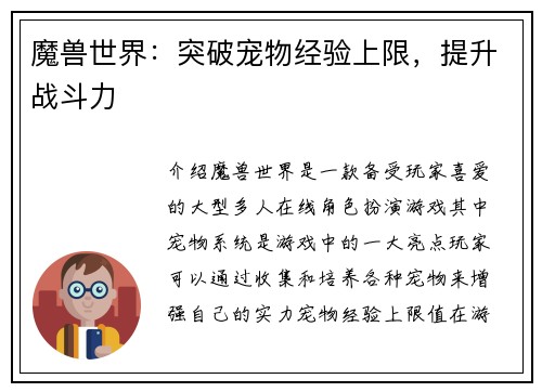 魔兽世界：突破宠物经验上限，提升战斗力